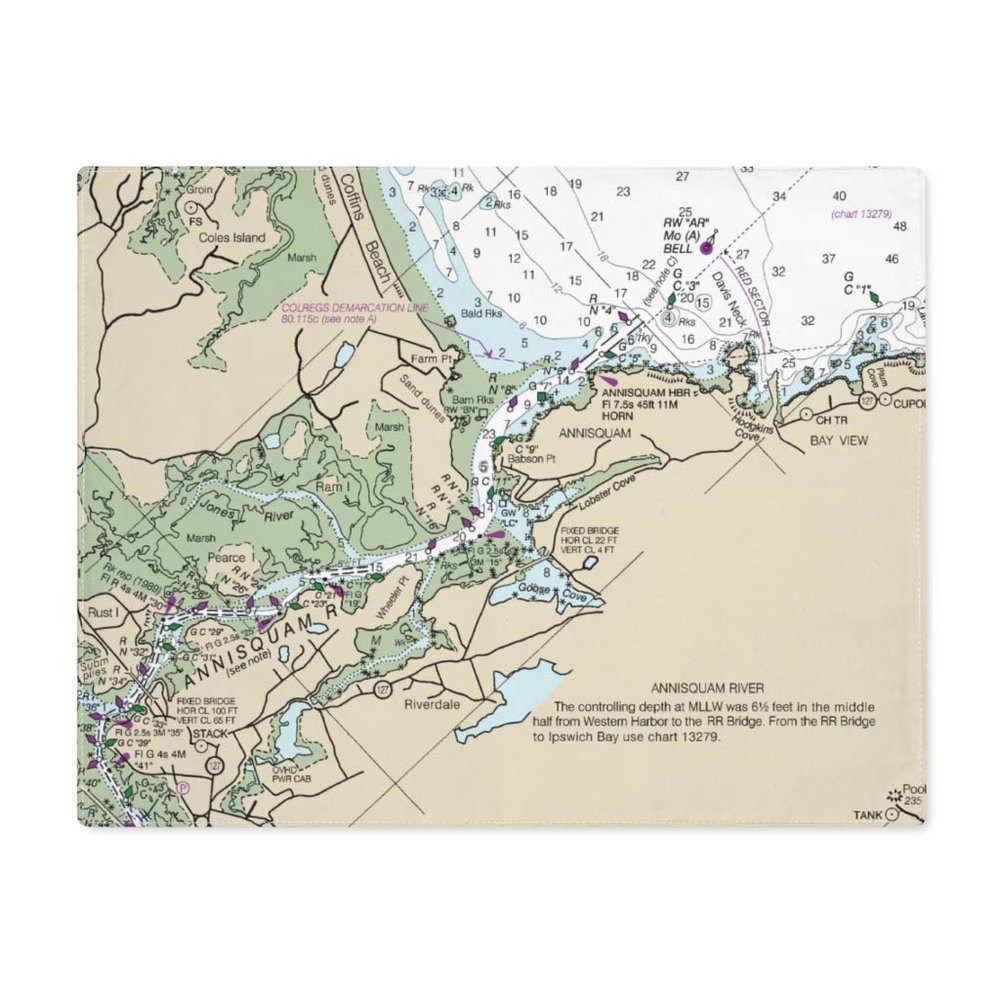 Annisquam River Entrance Ipswich Bay Nautical Chart Cotton Placemat Set - SET of 4, 18" x 14"