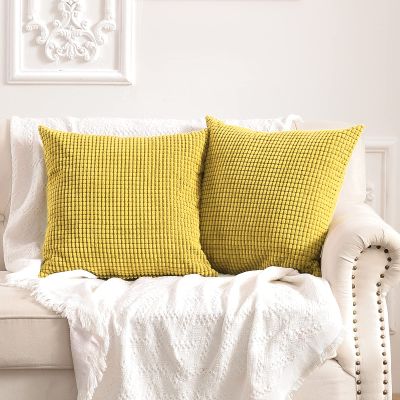 FY FIBER HOUSE Pack of 2 Comfy Corduroy Corn Granules Throw Pillow Covers Soft Decorative Square Cushion Pillowcase for Couch Sofa Bed 18 X 18 Inch, Gold Yellow