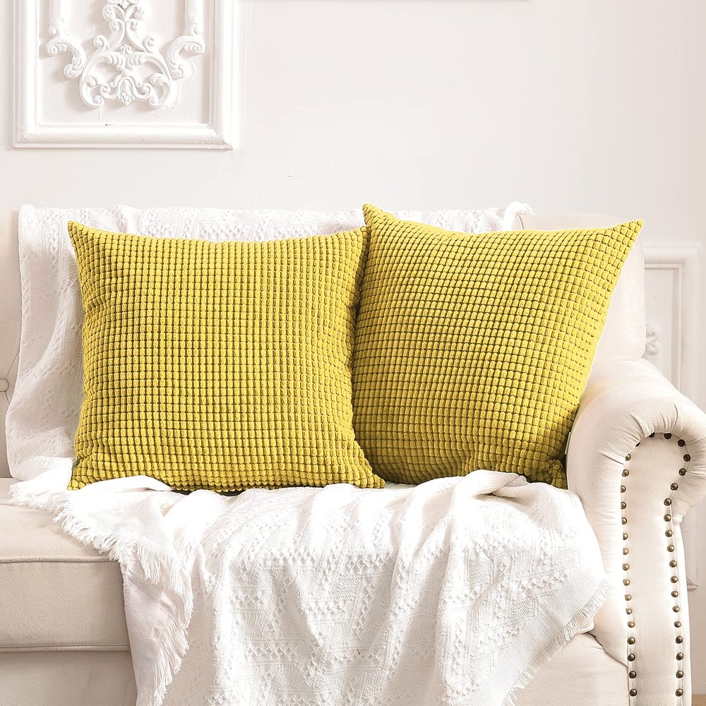 FY FIBER HOUSE Pack of 2 Comfy Corduroy Corn Granules Throw Pillow Covers Soft Decorative Square Cushion Pillowcase for Couch Sofa Bed 18 X 18 Inch, Gold Yellow