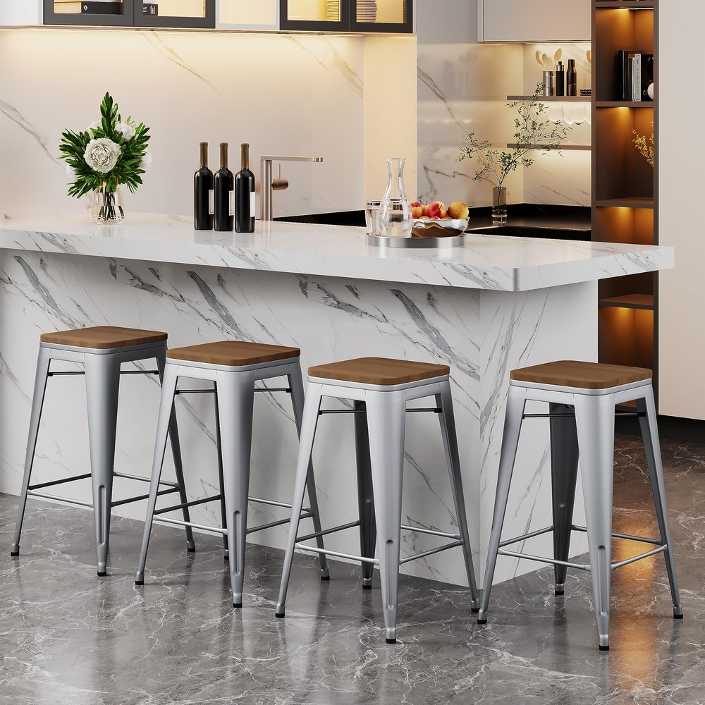 Alunaune 26" Metal Counter Height Bar Stools Set of 4 Industrial Backless Kitchen Patio Counter Stool Stackable Barstools Wood Top-Silver
