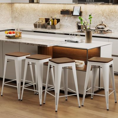 Alunaune 26" Metal Bar Stools Set of 4 Industrial Backless Counter Height Barstools Stackable Kitchen Patio Stool Wood Top-White