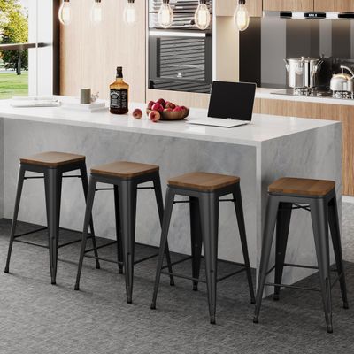 Alunaune 26" Metal Bar Stools Set of 4 Stackable Counter Height Barstools Backless Industrial Kitchen Bar Chairs with Wooden Seat-Matte Black