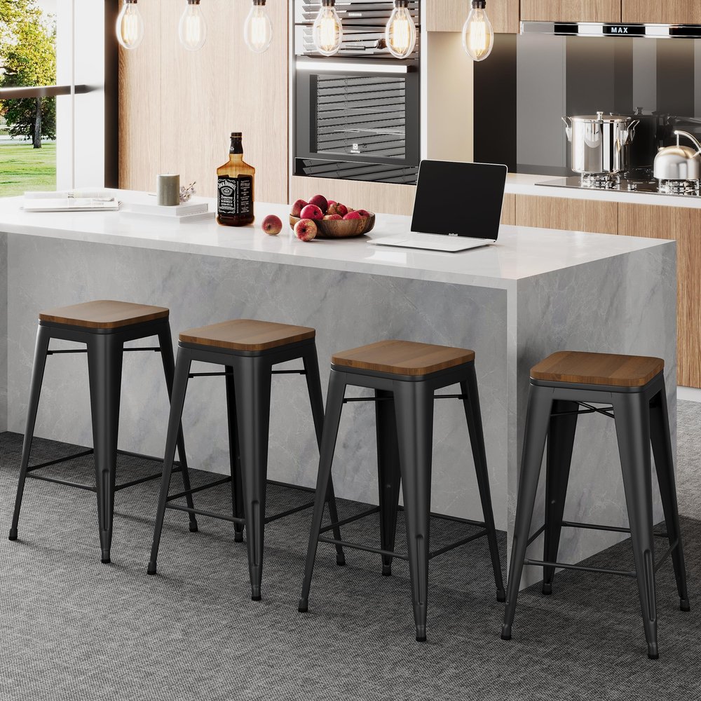 Alunaune 26" Metal Bar Stools Set of 4 Stackable Counter Height Barstools Backless Industrial Kitchen Bar Chairs with Wooden Seat-Matte Black