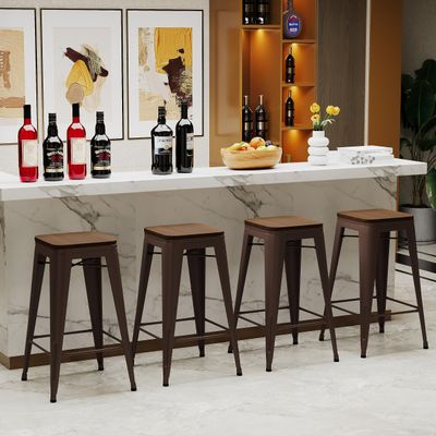Alunaune 26" Metal Counter Height Bar Stools Set of 4 Backless Stackable Industrial Kitchen Patio Stool Bar Chairs with Wooden Seat-Rusty