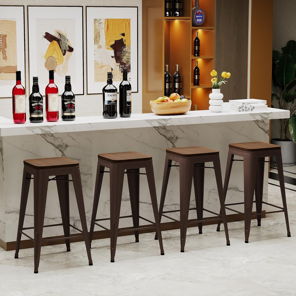 Alunaune 26" Metal Counter Height Bar Stools Set of 4 Backless Stackable Industrial Kitchen Patio Stool Bar Chairs with Wooden Seat-Rusty