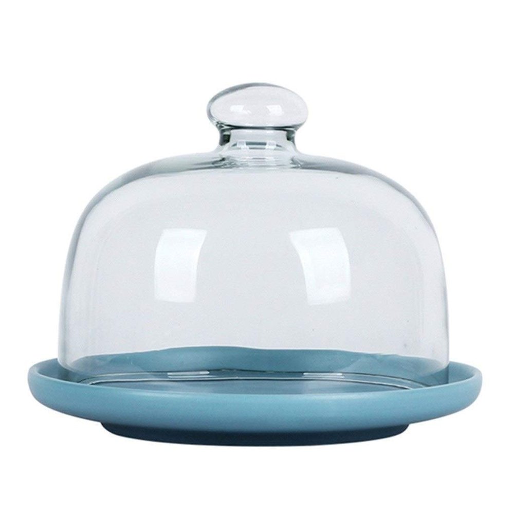 6/8/10 Inch Cake Box, Ceramic Dessert Bread Plate and Glass Lid Home Sandwich Dust Dome Kitchen Fruit Preservation Cover Blue (Color : Blue, Size : 262620CM)