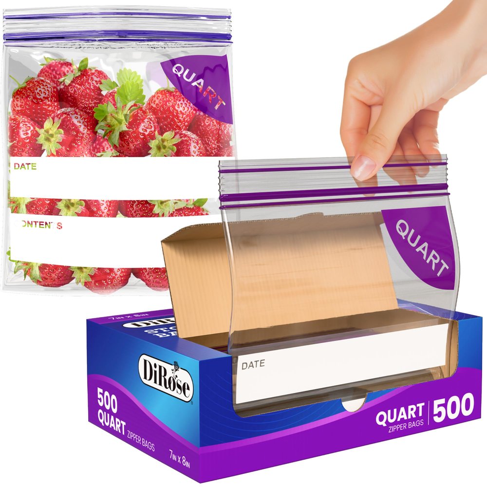 DiRose Quart Bags Pack of 500 1 Quart Reclosable Food Storage Bags Practical and Durable Design Food Safe Non-BPA Material Easy Double Zip Closure Ideal for Food, Snacks, Organizing