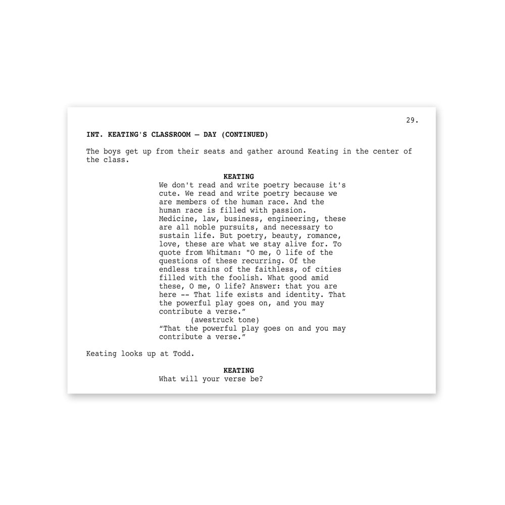 Dead Poets Society "Verse" Screenplay POSTER! (up to 24" x 36") - Minimal - Film - Script - Writing - Acting - Robin Williams - Teacher