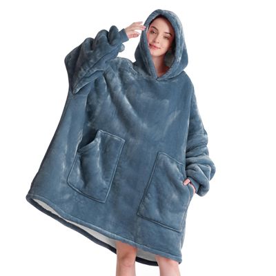 Aemicion Blanket Hoodie for Adults,Sherpa Soft Warm Thick Oversized Wearable Sweatshirt Hooded Blanket for Women Men-Blue Grey