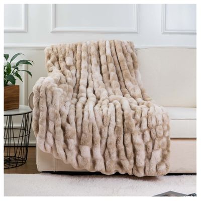 BATTILO HOME Ruched Luxurious Soft Beige Faux Fur Throw Blanket Fuzzy Plush Elegant with Reversible Mink Blanket for Sofa,Chair, Couch, Living Room, Home Decorative Blanket Tie dye (Beige, 50"x60")