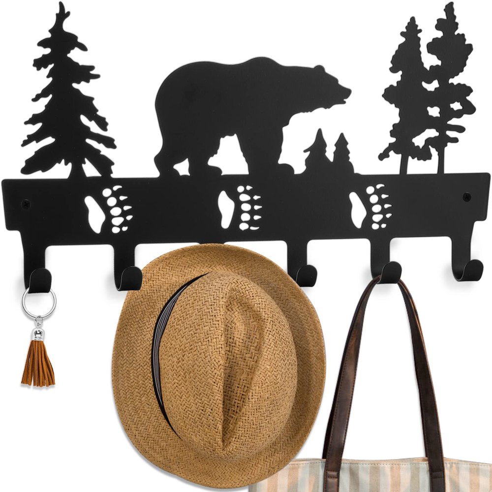 Suwimut Coat Rack Wall Mount, Black Metal Bear Coat Hook Key Holder for Hanging, Decorative Animal Theme Cabin Coat Hanger with 6 Hooks for Towel, Clothes, Hat, Bathroom, Entryway, Bedroom