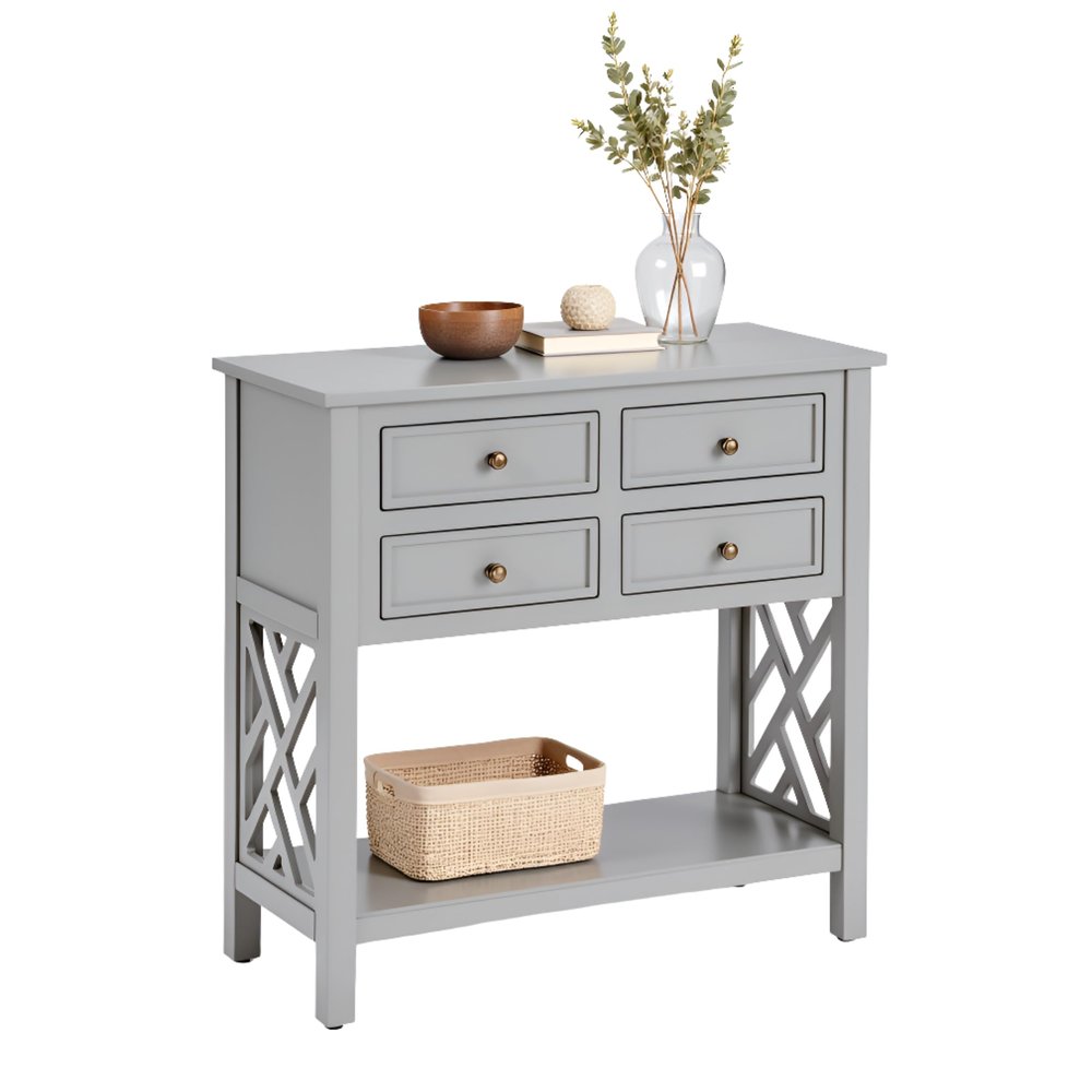 Alaterre Furniture Coventry 32" Wood Entryway Console Table with 4 Drawers and Open Shelf Narrow Accent Table with Side Cut-Out Detail for Hallway, Living Room, or Apartment (Gray)