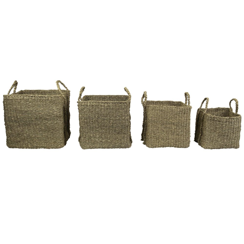 Rustic Square Wicker Table and Floor Baskets - Set of 4