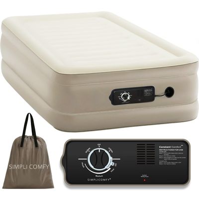 Simpli Comfy 18 Twin Inflatable Air Mattress with Built-in Dual Pump, Elevated, Adjustable Firmness, Self-Inflating Blow-Up Mattress with Storage Bag for Home, Guest, Travel, Camping, Relocation