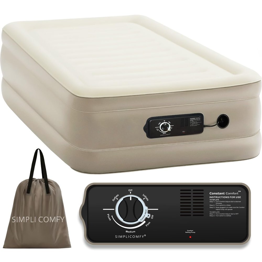 Simpli Comfy 18 Twin Inflatable Air Mattress with Built-in Dual Pump, Elevated, Adjustable Firmness, Self-Inflating Blow-Up Mattress with Storage Bag for Home, Guest, Travel, Camping, Relocation