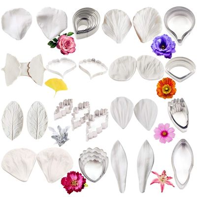 16set Gumpaste Flower Molds and Cutters Fondant Tools Kit Stainless Steel Flower Cookie Cutter Sugarcraft Flower Silicone Veining Making Mold for Wedding,Birthday Cake Decorating