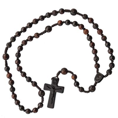 IHM Imports Sine Cera Jujube Wood 5 Decade Catholic Rosary, Double-sided Laser Engraved Centerpiece, 16.5" Length with 8/10mm Carved Rose Beads