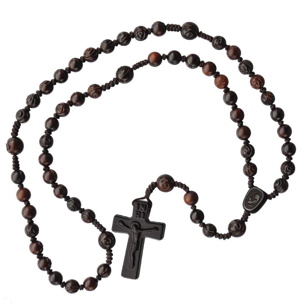 IHM Imports Sine Cera Jujube Wood 5 Decade Catholic Rosary, Double-sided Laser Engraved Centerpiece, 16.5" Length with 8/10mm Carved Rose Beads