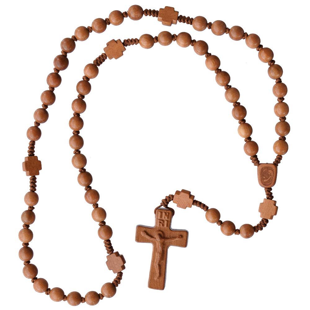 IHM Imports Sine Cera Light Jujube Wood 5 Decade Catholic Rosary, Double-sided Laser Engraved Centerpiece, Cross Shaped Our Father Beads and Smooth 8mm Beads