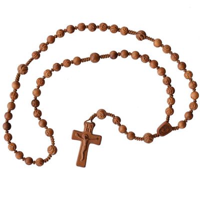 IHM Imports Sine Cera Light Jujube Wood 5 Decade Catholic Rosary, Double-sided Laser Engraved Centerpiece with 8/10mm Carved Rose Beads