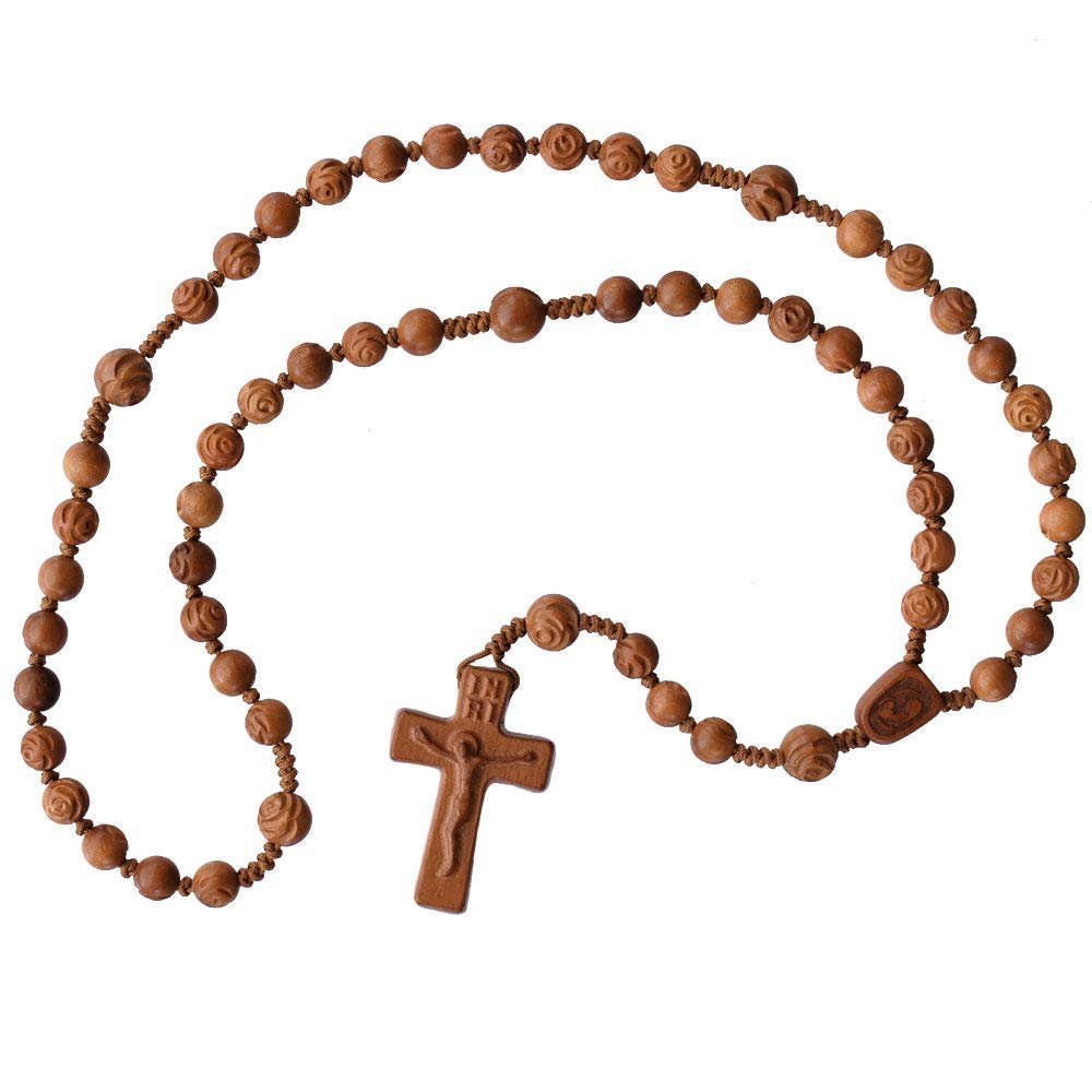 IHM Imports Sine Cera Light Jujube Wood 5 Decade Catholic Rosary, Double-sided Laser Engraved Centerpiece with 8/10mm Carved Rose Beads