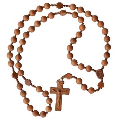 IHM Imports Sine Cera Light Jujube Wood 5 Decade Catholic Rosary, Double-sided Laser Engraved Centerpiece with Cross Shaped Our Father Beads, Smooth 10mm Beads