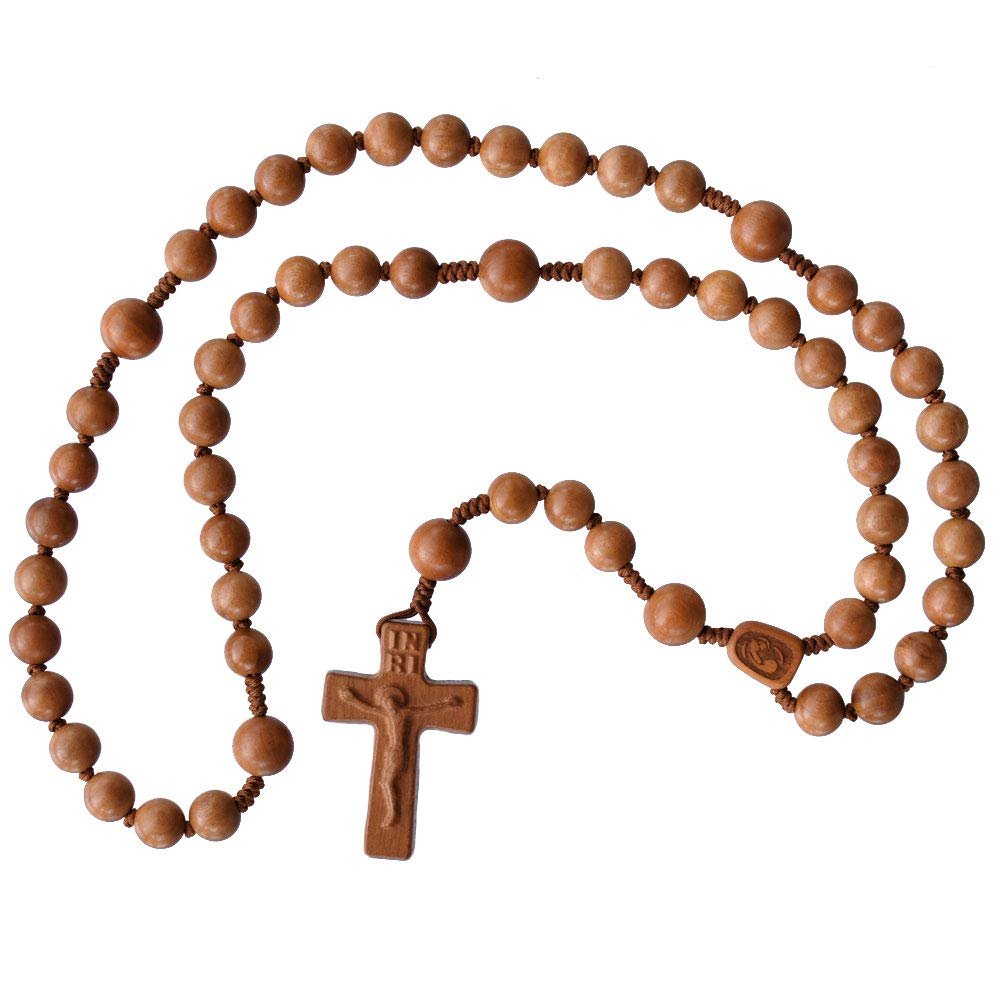 IHM Imports Sine Cera Light Jujube Wood 5 Decade Catholic Rosary, Double-sided Laser Engraved Centerpiece with Smooth 10/12mm Beads