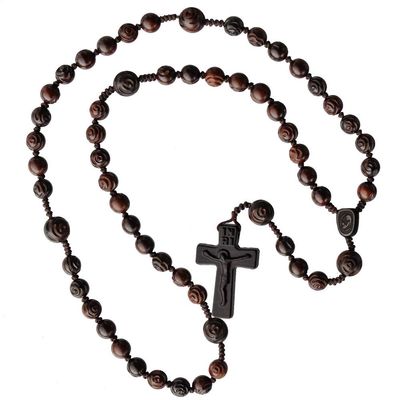 IHM Imports Sine Cera Jujube Wood 5 Decade Catholic Rosary, Laser Engraved Centerpiece, Smooth 10/12mm Rose Carved Beads
