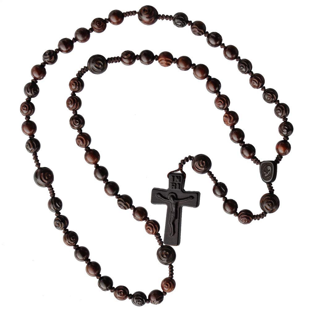 IHM Imports Sine Cera Jujube Wood 5 Decade Catholic Rosary, Laser Engraved Centerpiece, Smooth 10/12mm Rose Carved Beads