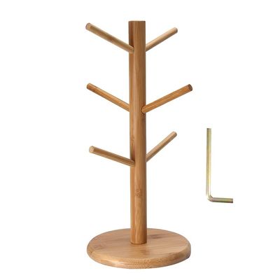 13.6" Cup Rack with Removable Mug Stands, Wooden Mug Rack Tree Mug Rack Storage Rack 6 Hooks Tea Cup Organizer Holder, Tree Shape, Bamboo Coffee Mug Tree Cup Holders Coffee Cup Organizer Hanger