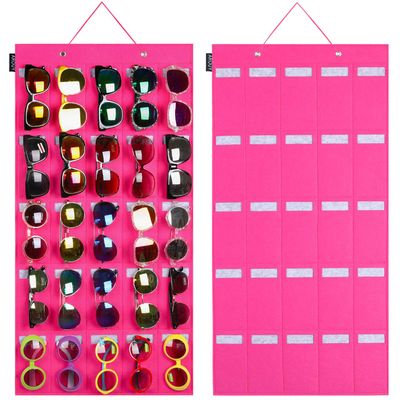 AROUY Sunglasses Organizer Storage, Hanging Wall Pocket Glasses Organizer - 25 Felt Slots Sunglass Organizers Holder Eyeglass Display with Sturdy Rope (Large, Rose)
