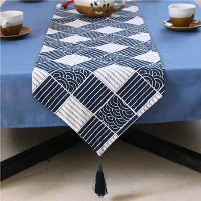 KXMYT Table Runners, Japanese Style Linen Cotton Tablecloths with Tasseled, Non-Slip Heat-Resistant, for Hotel/Kitchen/Party/Meeting Room,D,32120cm