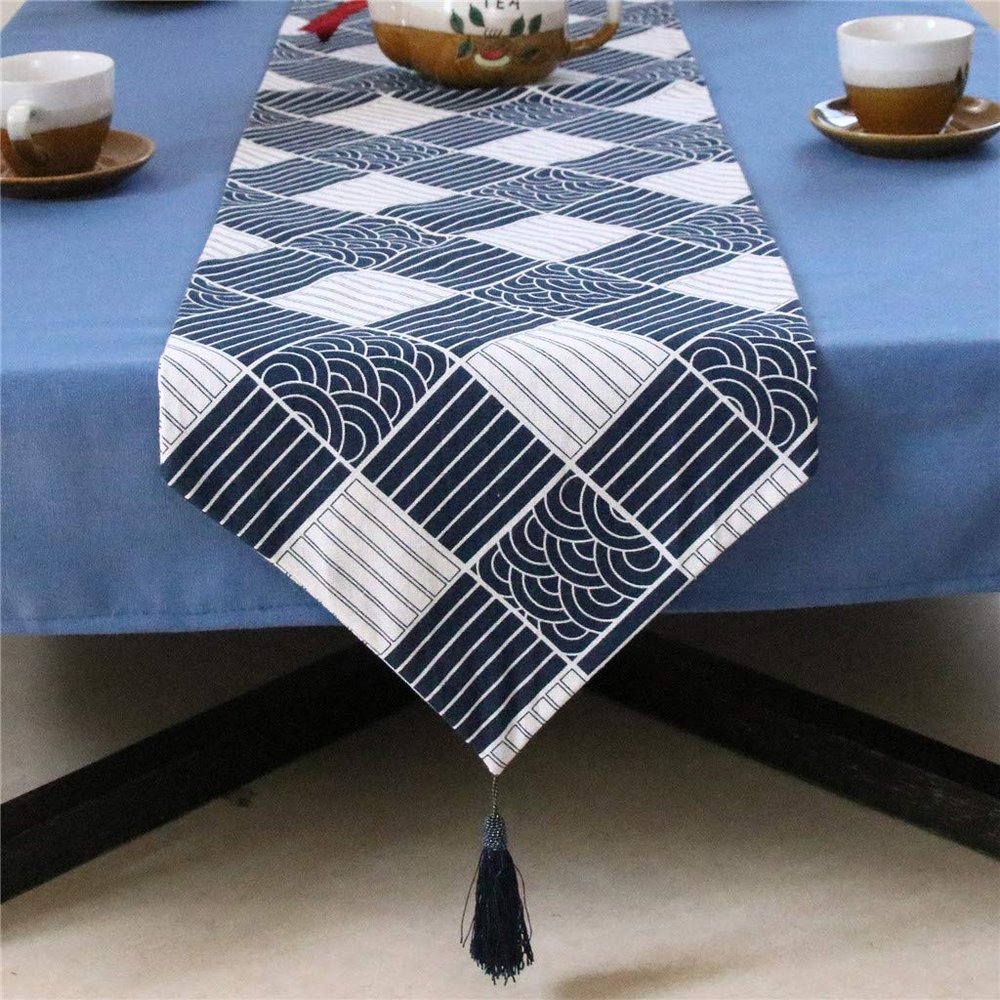 KXMYT Table Runners, Japanese Style Linen Cotton Tablecloths with Tasseled, Non-Slip Heat-Resistant, for Hotel/Kitchen/Party/Meeting Room,D,32120cm