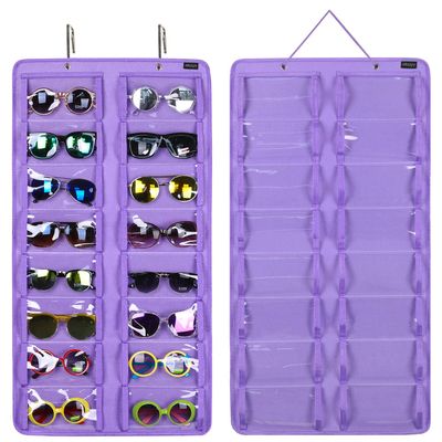 AROUY Sunglasses Organizer Storage, Hanging Dust Proof Wall Pocket Glasses Organizer - 16 Felt Slots Sunglass Organizer Holder with Metal Hook and Sturdy Rope (Dust Proof, Purple)