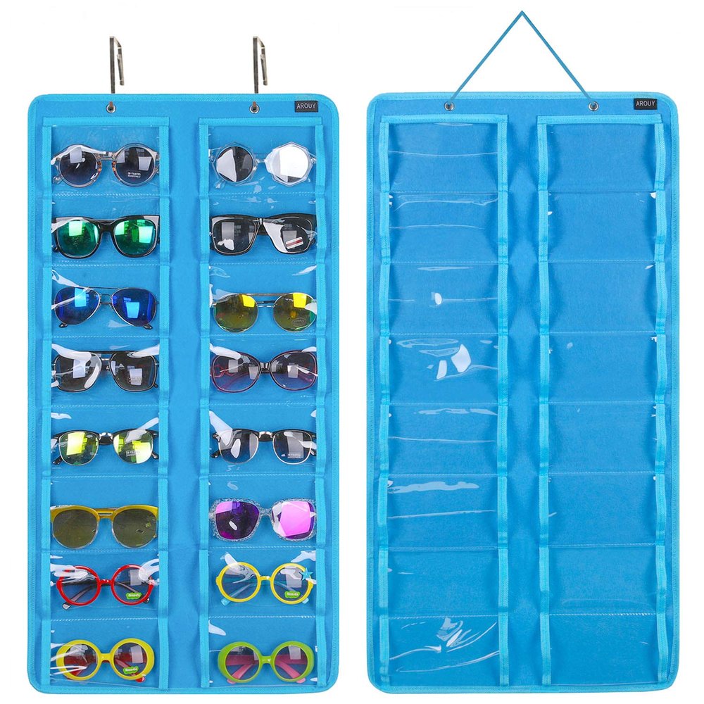 AROUY Sunglasses Organizer Storage, Hanging Dust Proof Wall Pocket Glasses Organizer - 16 Felt Slots Sunglass Organizers Holder with Metal Hook and Sturdy Rope (Dust Proof, Light Blue)