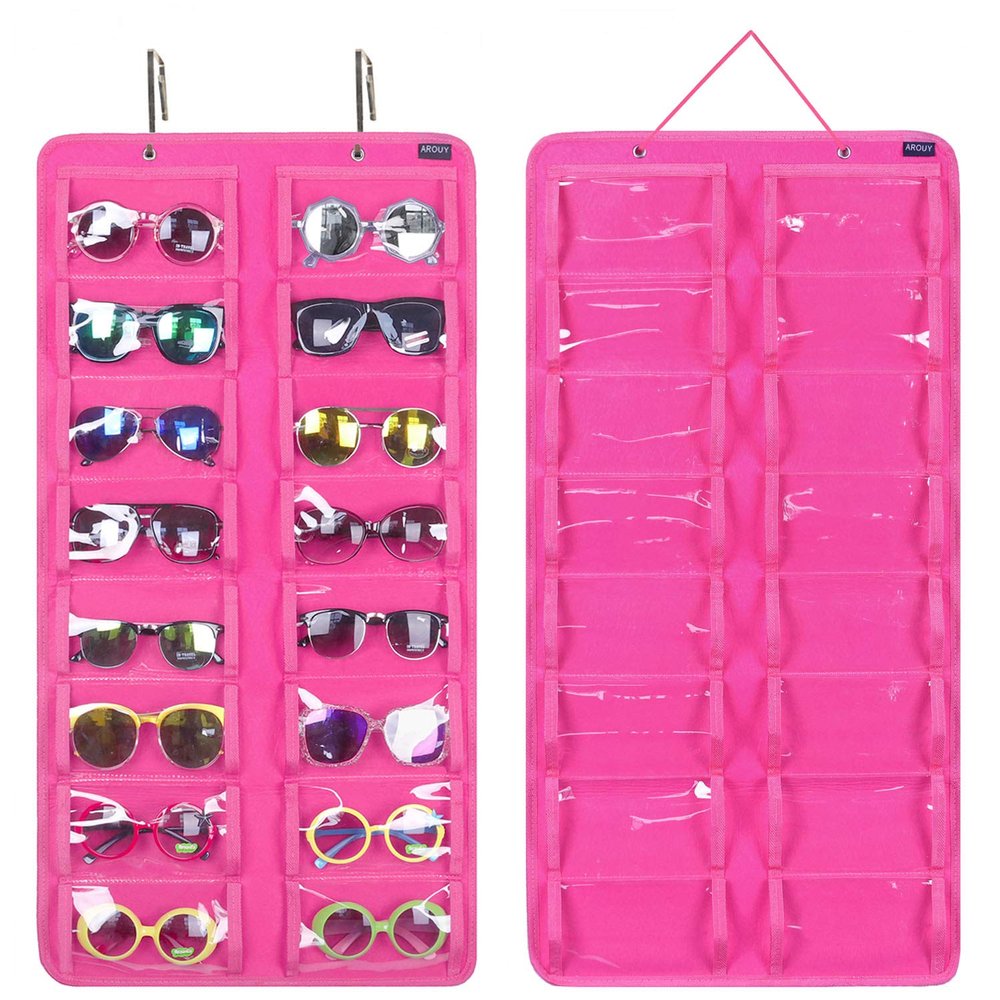 AROUY Sunglasses Organizer Storage, Hanging Dust Proof Wall Pocket Glasses Organizer - 16 Felt Slots Sunglass Organizer Holder with Metal Hook and Sturdy Rope (Dust Proof, Rose)