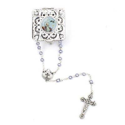 My First Baptism Gift Set for Baby Boy - Silver Metal Filigree Hinged Rosary Box With Light Blue Round Pearl Rosary
