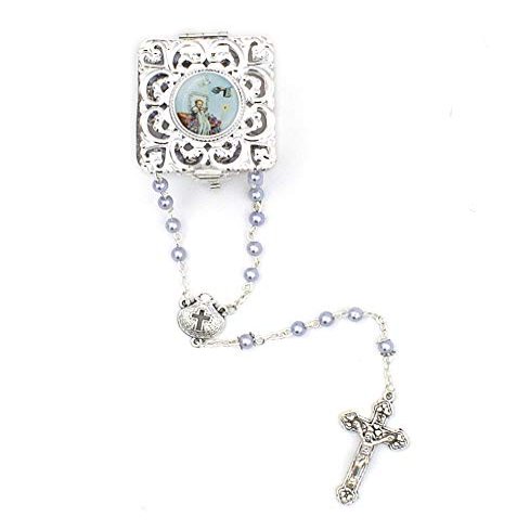 My First Baptism Gift Set for Baby Boy - Silver Metal Filigree Hinged Rosary Box With Light Blue Round Pearl Rosary