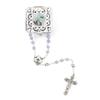 My First Baptism Gift Set for Baby Boy - Silver Metal Filigree Hinged Rosary Box With Light Blue Round Pearl Rosary view 1