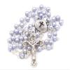 My First Baptism Gift Set for Baby Boy - Silver Metal Filigree Hinged Rosary Box With Light Blue Round Pearl Rosary view 2
