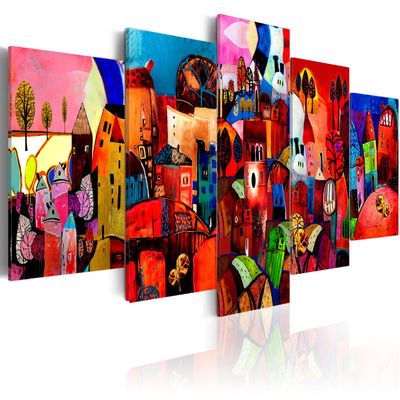 artgeist Textured Canvas Wall Art Colorful Town 80x40 in - 5pcs Painting Canvas Prints Picture Artwork Image Framed Contemporary Modern Photo Wall Home Abstract City 051447