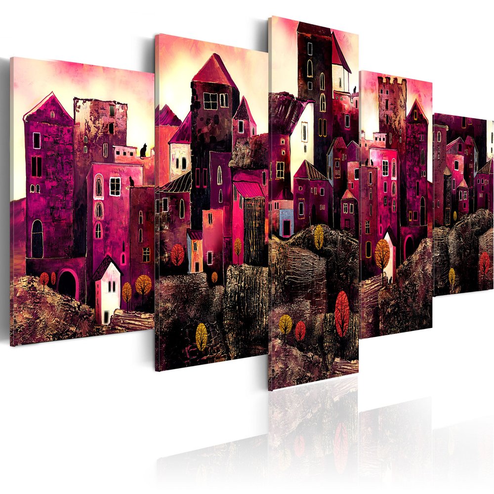 artgeist Textured Canvas Wall Art Colorful Town 80x40 in - 5pcs Painting Canvas Prints Picture Artwork Image Framed Contemporary Modern Photo Wall Home City 020115-4