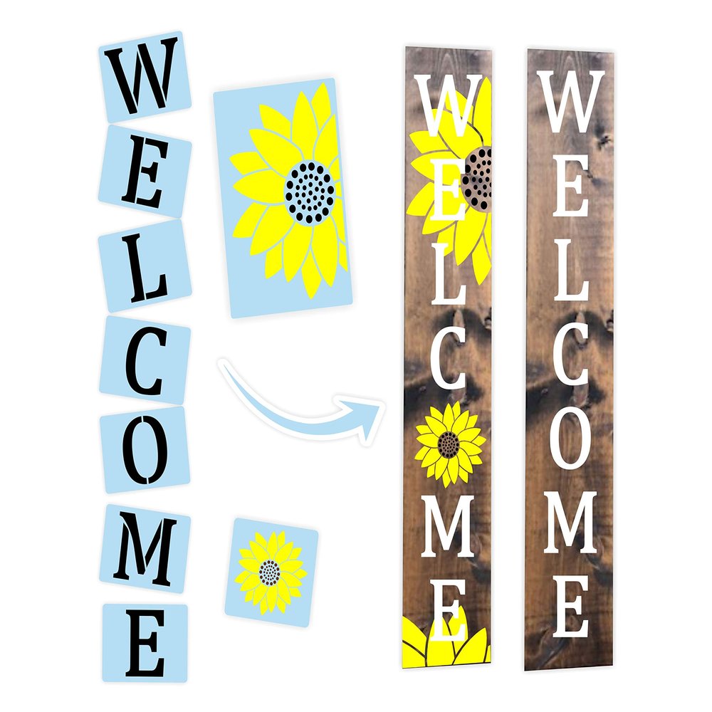 9 PC Welcome Sunflower Stencil Kit - Paint Your Own Wood Porch Sign - Fits a 10" x 50" Board