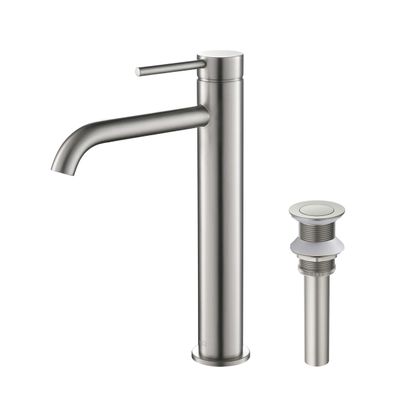 KIBI Solid Brass Single Handle Single Hole Circular Faucet for Bathroom Sink with Pop Up Drain | High Arc Faucet Spout Design | Corrosion and Rust Resistant (Brushed Nickel, KBF1009)