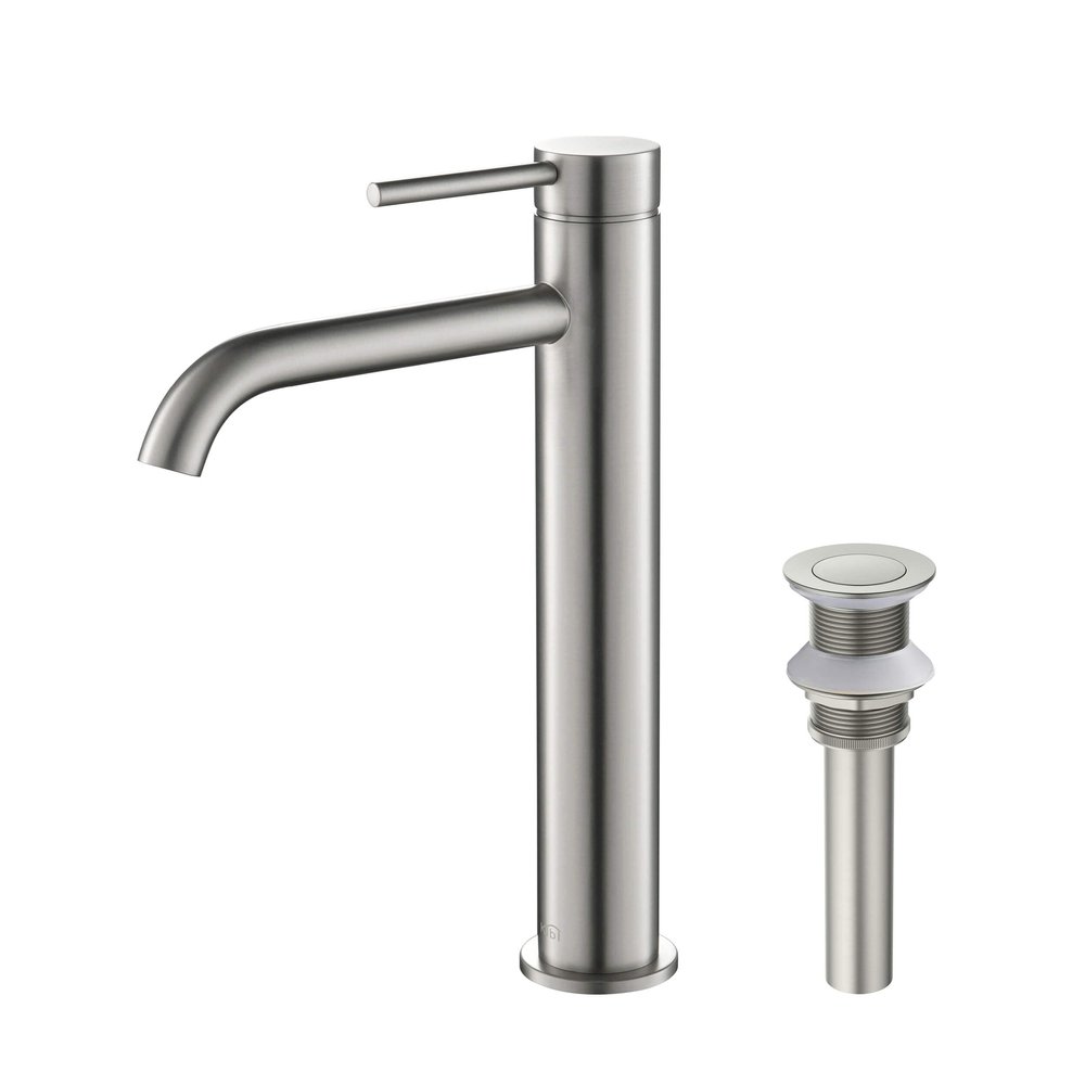 KIBI Solid Brass Single Handle Single Hole Circular Faucet for Bathroom Sink with Pop Up Drain | High Arc Faucet Spout Design | Corrosion and Rust Resistant (Brushed Nickel, KBF1009)