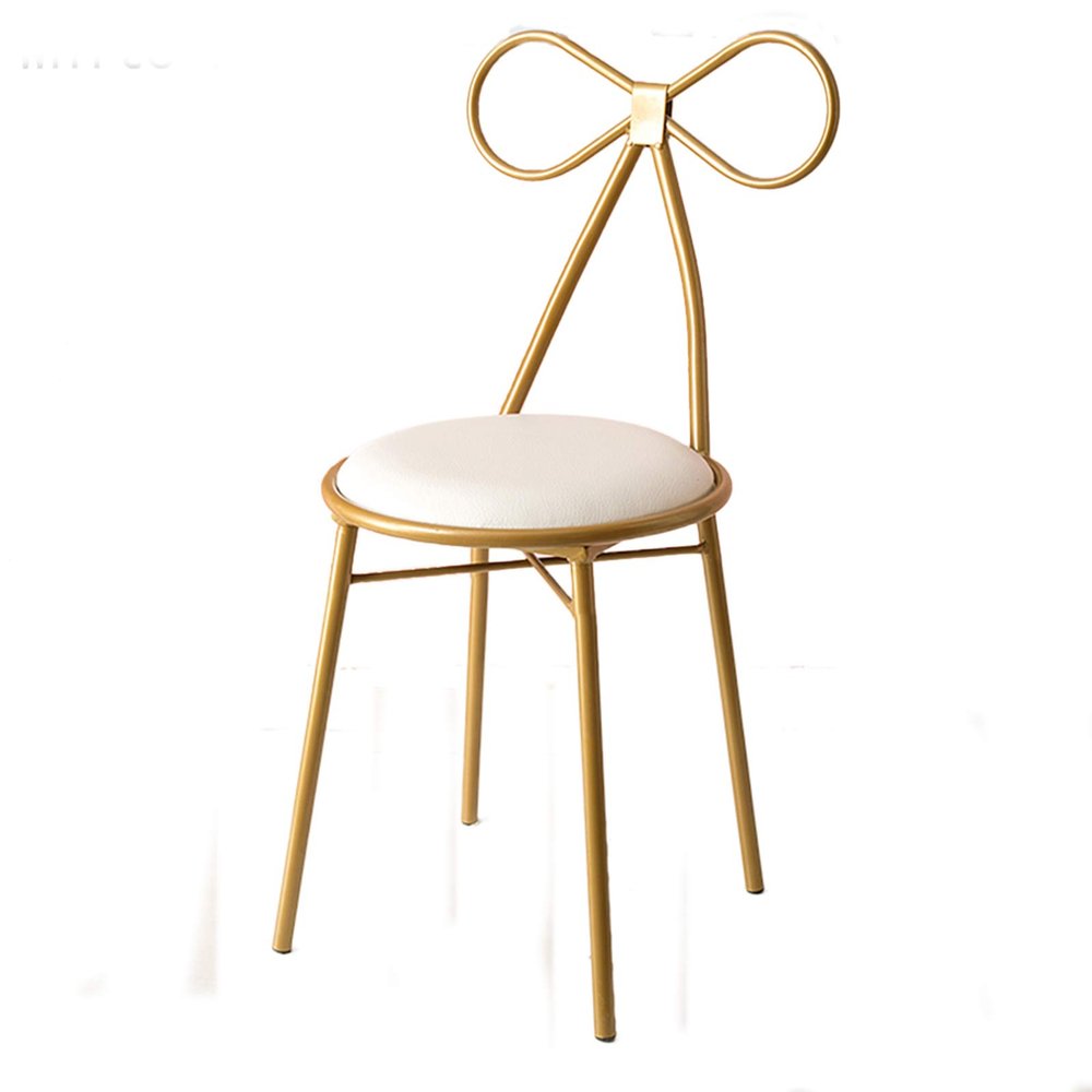 Dressing Table Makeup Chair, Creative Ribbon Shape Decoration Backrest Chair Golden PU Leather/Flannel Dressing Stool Bedroom Lounge Chair Reading Chair Wrought Iron Dining Chair Furniture,White pu