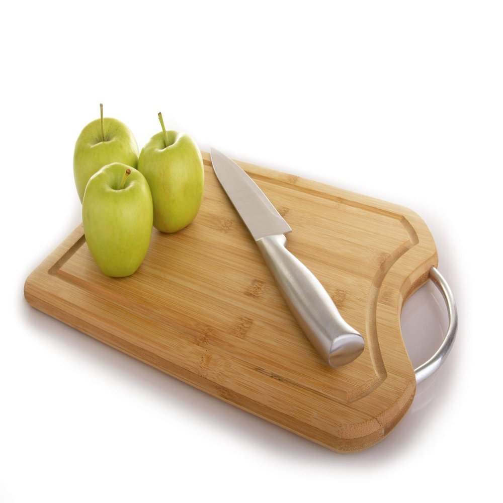 Bamboo Cutting Board with Juice Groove and Stainless Steel Handles 14" x 9.5" Heavy Duty Butcher Block & Serving Tray for Meat, Cheese, and Vegetables