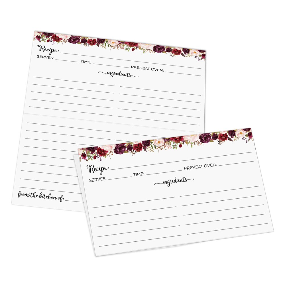 321Done Folding Recipe Cards - Set of 50, 6x5 folds to 3x5, Double-sided Rustic White Recipe Cards, Red Roses Design for Bridal Shower & Wedding Gift, Made in USA