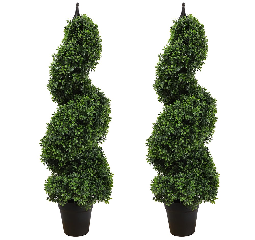 35 inch/2.95 ft Outdoor Boxwood Spiral Faux Topiary Trees, Artificial topiaries Tree with Black Pot,Set of 2