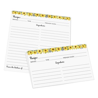 321Done Folding Recipe Cards - Set of 50, 6x5 folds to 3x5, Double-sided Rustic White Recipe Cards, Sunflower Design for Bridal Shower & Wedding Gift, Made in USA